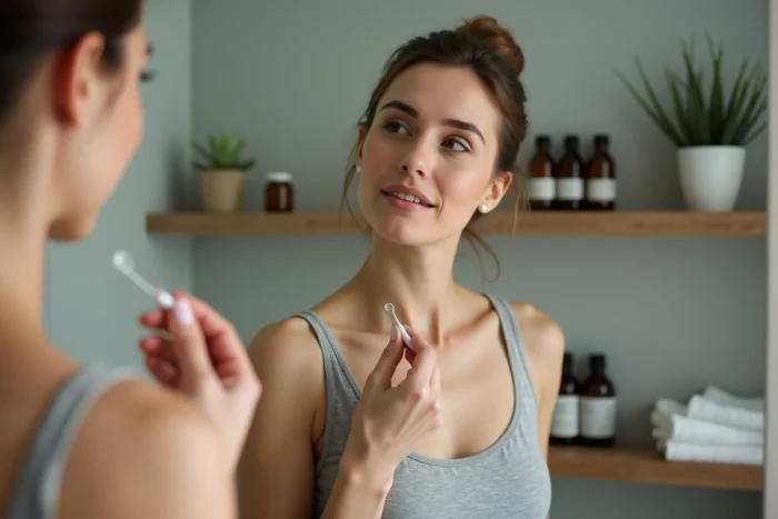 Femme appliquant un soin naturel sur un grain de beauté avec un coton-tige devant un miroir de salle de bain