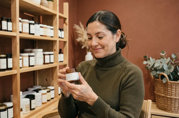 Femme mature lisant l'étiquette d'un produit de beauté Zaturelle dans une boutique bio et naturelle tendance