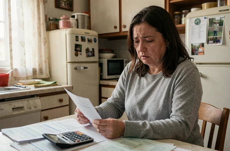 Femme de 38 ans examinant des factures et un calculateur sur une table de cuisine, illustrant la gestion budgétaire avec un revenu modeste et le RSA