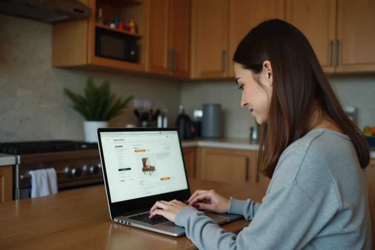 Femme consultant ses commandes Amazon sur un ordinateur portable dans une cuisine moderne, gérant sa confidentialité en ligne