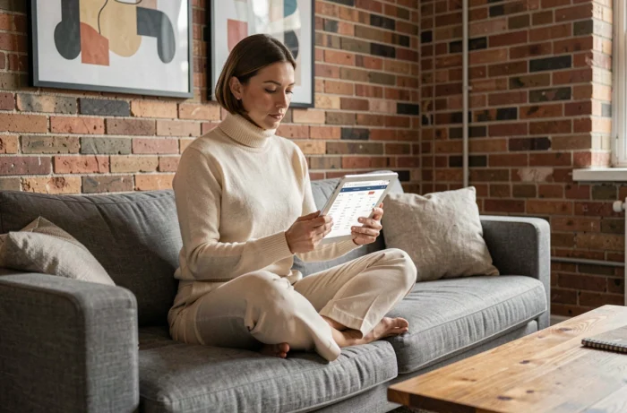 Femme consultant le plan du site d'un blog mode sur une tablette dans un salon moderne