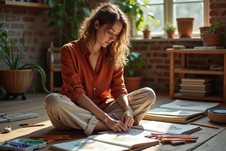 Femme créative assise sur le sol d'un atelier maison entourée de carnets de croquis, crayons de couleur et palettes d'aquarelle