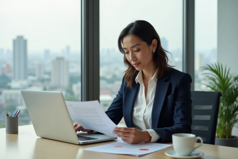 Femme décideuse en entreprise travaillant sur des documents professionnels dans un bureau moderne avec vue sur la ville