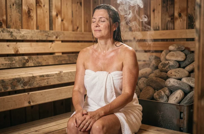 Femme détendue assise dans un sauna finlandais traditionnel, enveloppée dans une serviette blanche, les yeux fermés en état de relaxation profonde
