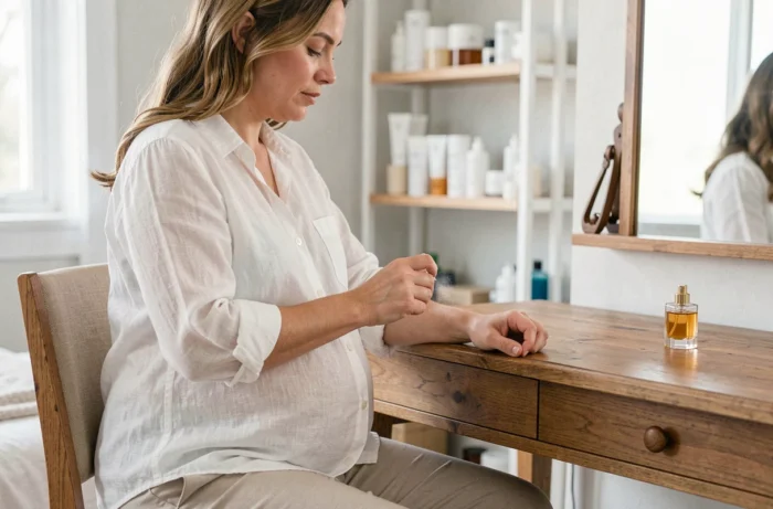 Femme enceinte appliquant délicatement du musc sur son poignet, assise devant une coiffeuse en bois avec des produits naturels en arrière-plan