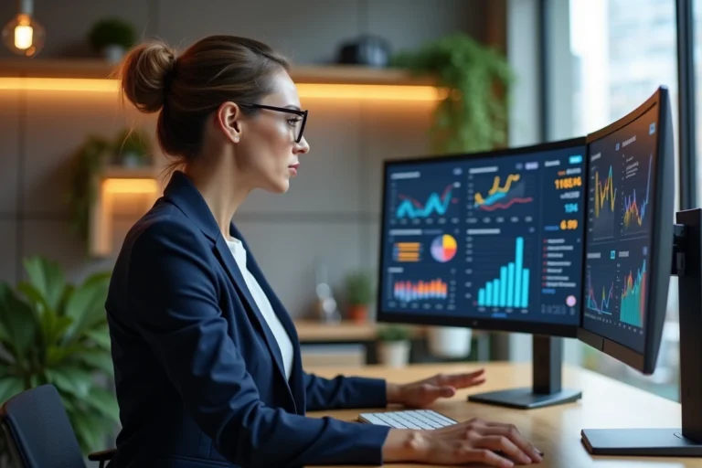 Femme entrepreneur analysant des données de croissance en ligne sur des écrans dans un bureau moderne