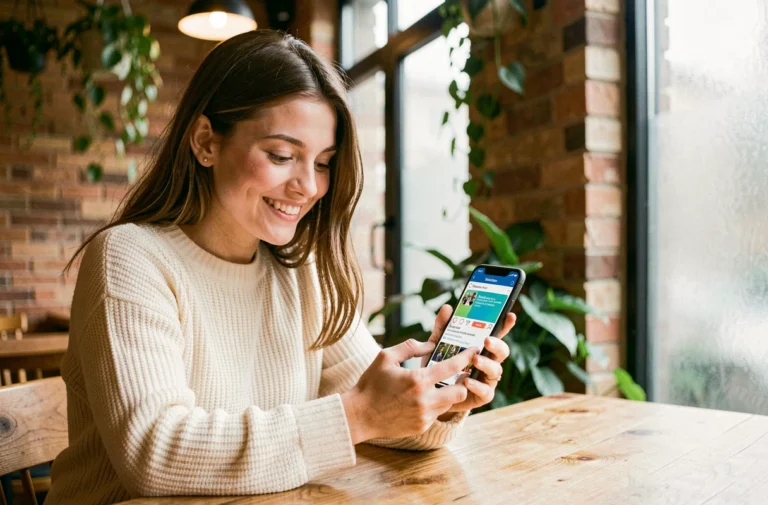 Jeune femme souriante dans un café envoyant une photo éphémère sur Snapchat depuis son smartphone