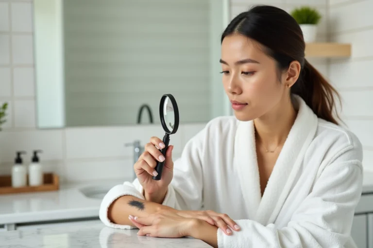 Femme examinant un grain de beauté sur son avant-bras avec une loupe dans une salle de bain naturelle