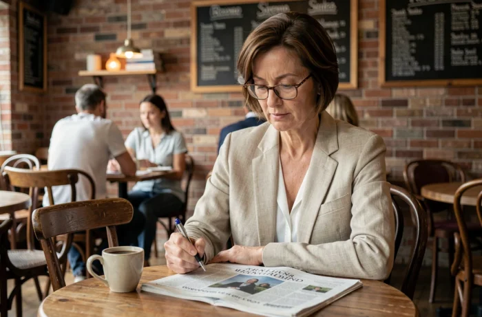 Femme lisant l'actualité locale dans un journal régional attablée dans un café de quartier