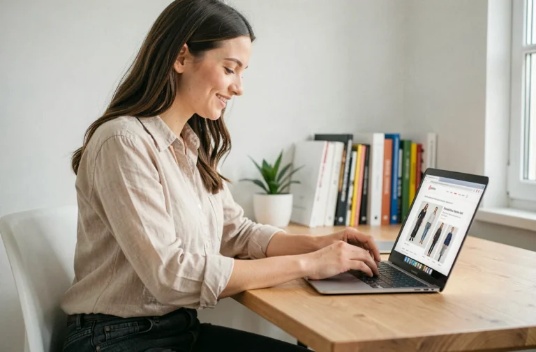 Jeune femme naviguant sur un site de mode depuis son bureau à domicile avec un ordinateur portable