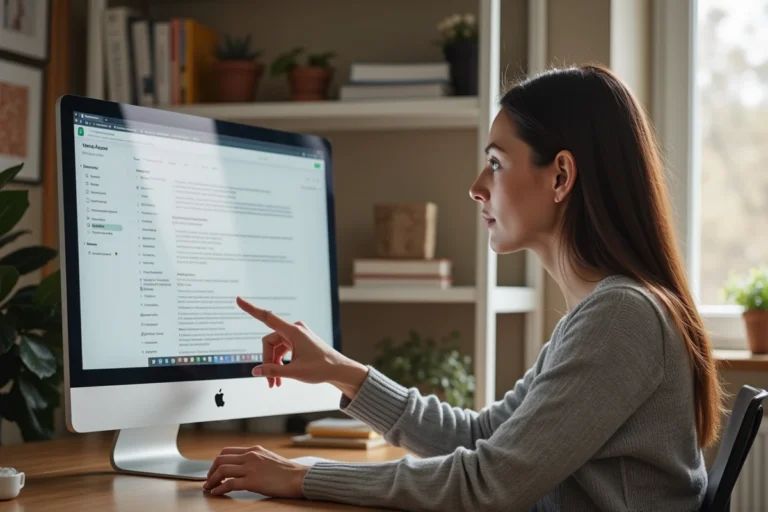 Femme explorant un plan de site web sur un grand écran d'ordinateur dans un bureau moderne