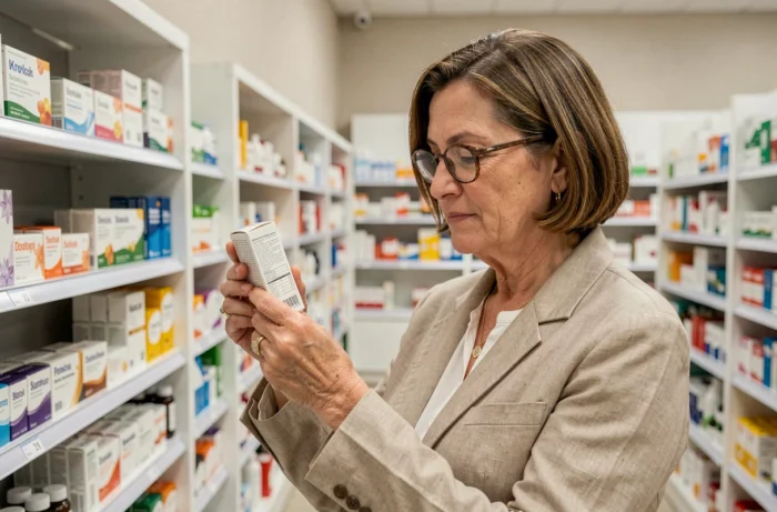 Femme lisant la notice d'Anxemil en pharmacie, témoignage et expérience utilisateur du médicament