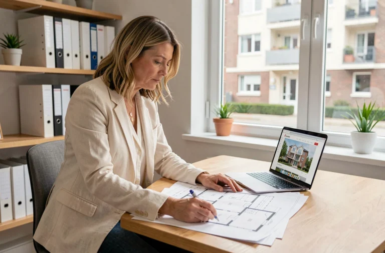 Femme consultant des plans immobiliers sur un bureau en bois dans un bureau à domicile moderne