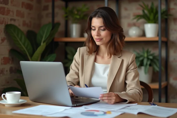 Femme consultant des offres de prêteurs privés sur son ordinateur portable à domicile