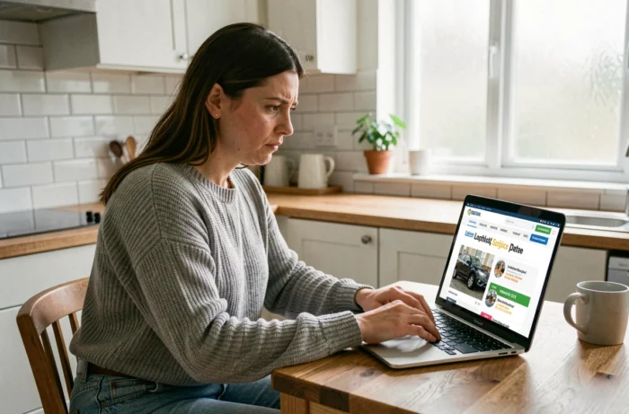 Femme consultant un service de dépannage en serrurerie en ligne depuis son ordinateur portable