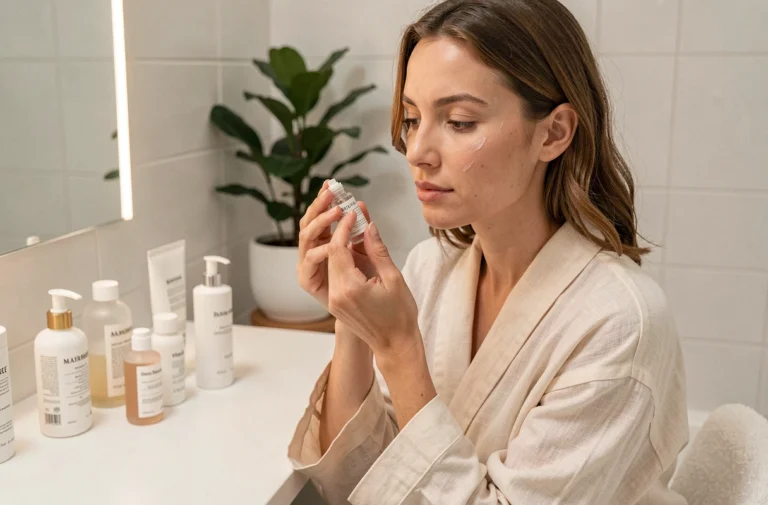Femme appliquant un sérum naturel Zaturelle devant un miroir dans une salle de bain minimaliste, routine beauté naturelle