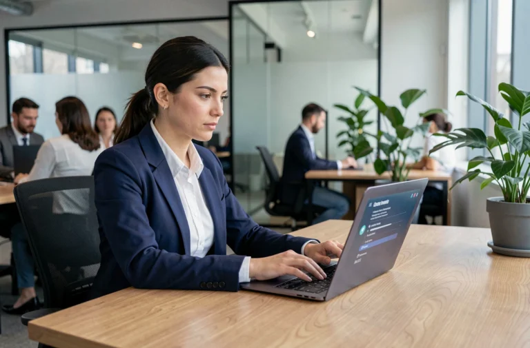 Femme professionnelle sécurisant ses données informatiques sur un ordinateur portable dans un bureau moderne