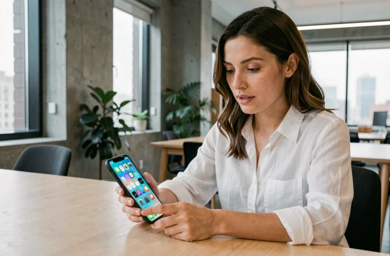 Femme utilisant un smartphone pliable dans un espace de coworking moderne, illustrant les tendances numériques 2024