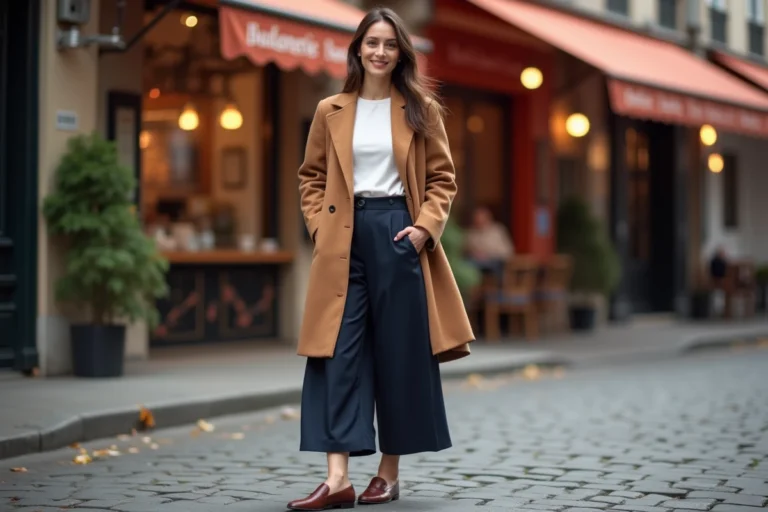 Femme élégante portant un manteau camel et un pantalon marine sur une rue pavée parisienne en automne, illustrant les tendances mode incontournables