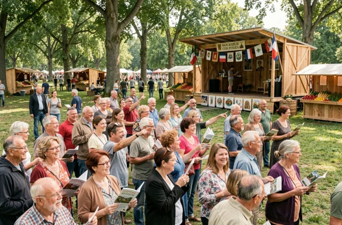 Foule de participants découvrant les événements d'un festival régional en plein air dans un parc municipal