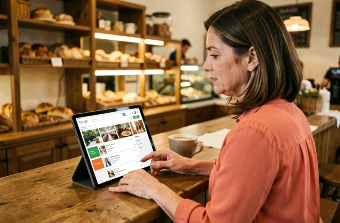 Une commerçante consulte et met à jour sa fiche Google Business Profile complète sur une tablette depuis son établissement