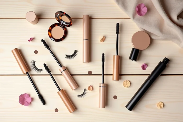 Flat lay de produits de maquillage pour les cils incluant mascaras et pinceaux sur fond bois clair