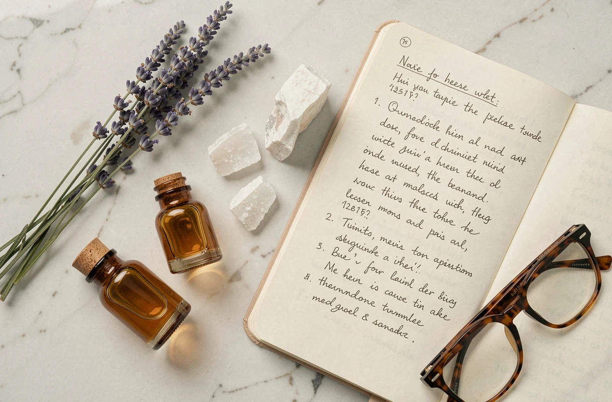 Composition à plat de flacons de parfum musqué, résine brute de musc blanc et carnet de notes sur marbre, évoquant les précautions en grossesse