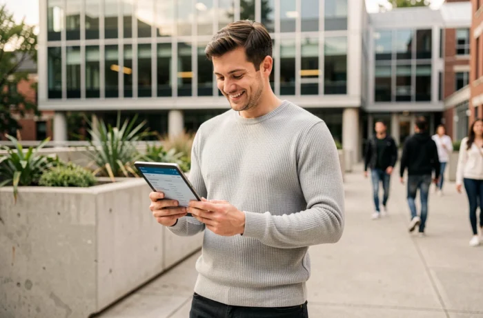 Jeune professionnel consultant un programme de formation certifiante sur tablette sur un campus universitaire
