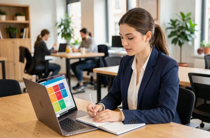 Jeune femme suivant une formation professionnelle en ligne dans un espace de coworking moderne