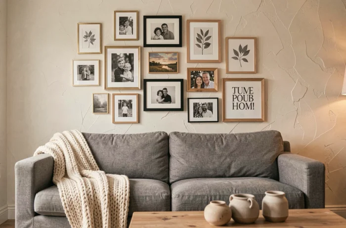 Galerie murale personnalisée avec cadres mixtes, photos, impressions botaniques et peinture au-dessus d'un canapé gris lin