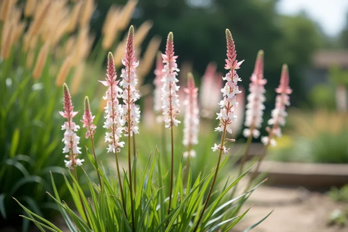 Plant de Gaura de Lindheimer (Gaura lindheimeri) avec ses tiges gracieuses portant de petites fleurs blanc rosé dans une bordure ensoleillée de jardin estival