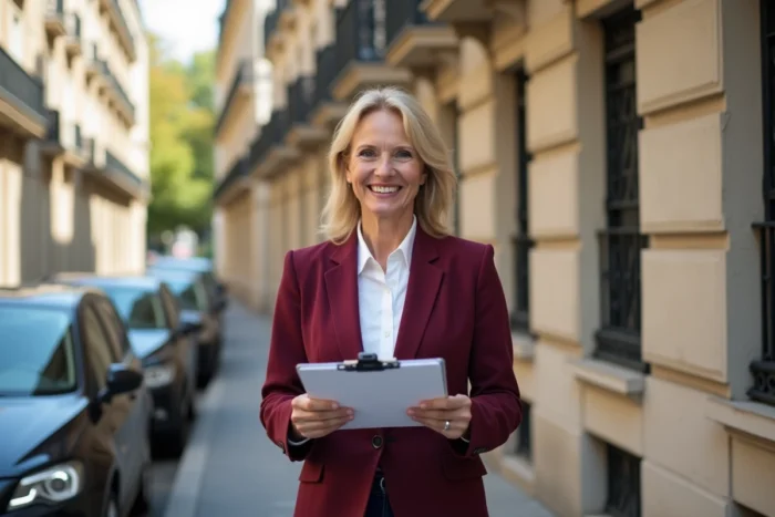 Femme gestionnaire de patrimoine devant un immeuble haussmannien symbolisant la gestion immobilière via une SCI