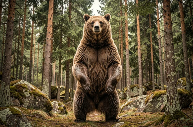 Grizzly debout sur ses pattes arrière dans une forêt boréale, montrant sa taille impressionnante parmi les pins
