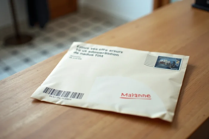 Gros plan d'une enveloppe officielle avec adresse expéditeur 121 rue Manin Paris 19 sur une table en bois