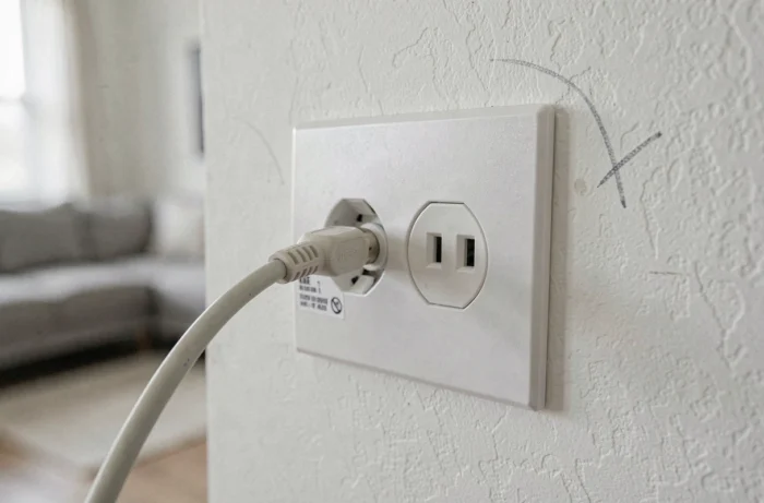 Gros plan sur une prise TV double encastrée avec connecteurs coaxiaux sur mur blanc en rénovation intérieure