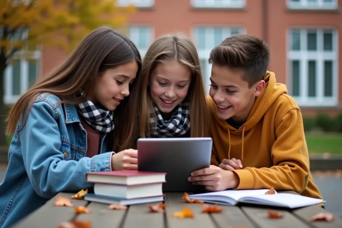 Groupe de jeunes adolescents consultant l'actualité en ligne sur une tablette dans une cour d'école