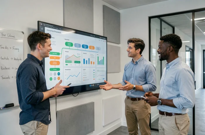 Groupe d'étudiants en formation innovante autour d'un écran interactif dans une salle de cours moderne