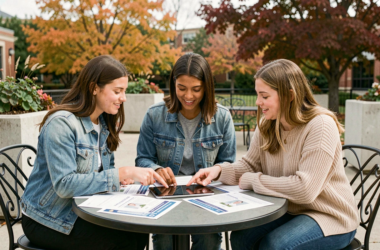 Groupe d'étudiants consultant des offres d'emploi ensemble sur le campus universitaire en automne