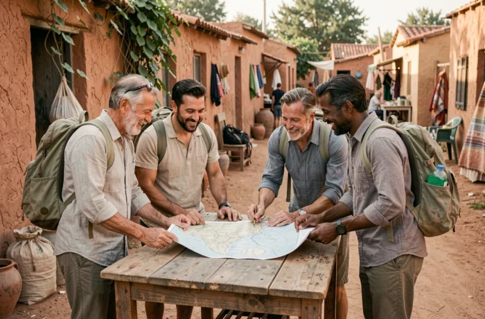 Groupe de voyageurs solidaires autour d'une carte dans un village rural, illustrant le voyage engagé et la rencontre interculturelle