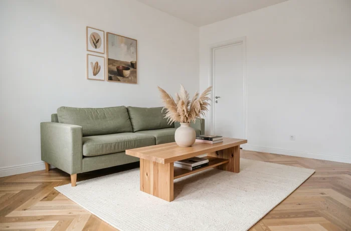 Salon d'appartement mis en scène avec home staging professionnel, canapé en lin vert sauge et table en chêne naturel pour séduire les acheteurs immobiliers