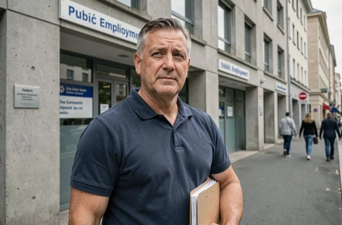 Homme de 45 ans devant une agence pour l'emploi tenant des documents administratifs, représentant les démarches pour le RSA avec un revenu de 1500 euros