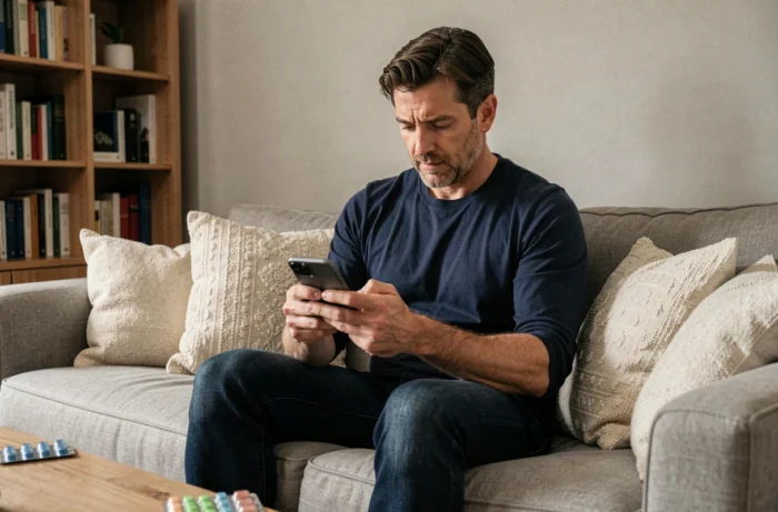 Homme consultant des avis en ligne sur Anxemil dans son salon, retours d'expérience utilisateurs