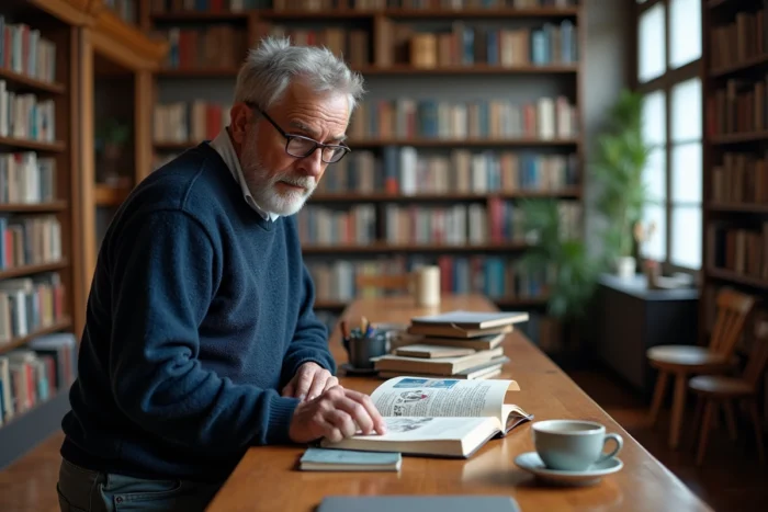 Homme concentré feuilletant un livre sur la créativité dans une bibliothèque publique avec de grandes étagères en arrière-plan