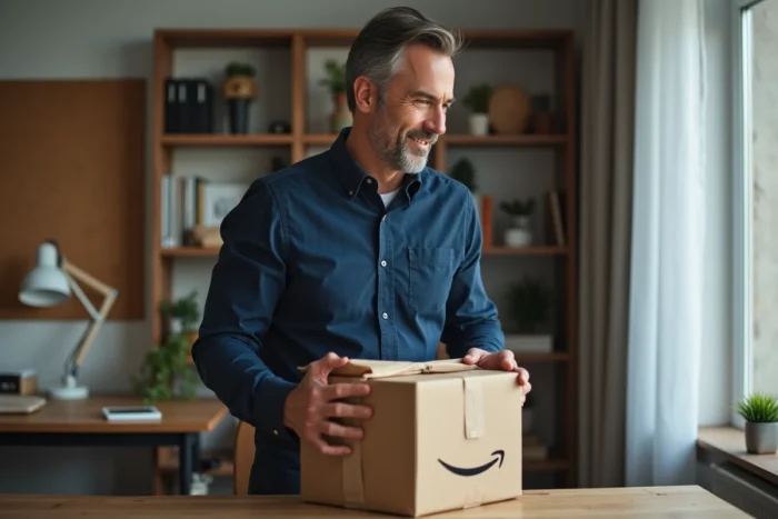 Homme emballant discrètement un colis Amazon dans du papier kraft dans un bureau à domicile pour protéger sa vie privée