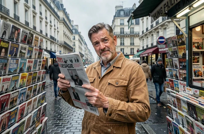 Homme surpris tenant un journal insolite devant un kiosque à journaux parisien sous un ciel nuageux