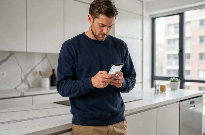 Homme consultant le menu de navigation d'un blog de mode sur smartphone dans une cuisine moderne