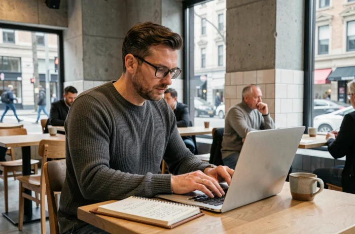 Homme recherchant des conseils immobiliers en ligne sur un ordinateur portable dans un café urbain moderne