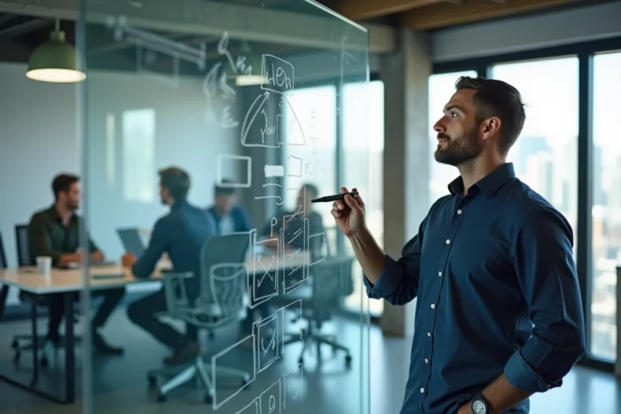 Homme dessinant une structure de navigation de site web sur un tableau blanc dans un bureau moderne