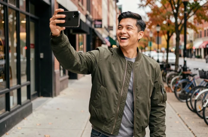 Jeune homme en ville prenant un snap éphémère en selfie sur Snapchat dans une rue animée