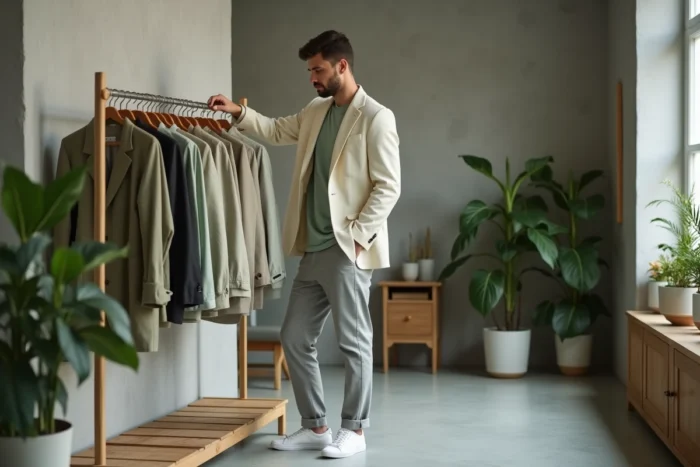 Homme stylé en blazer lin écru et chino gris dans un concept store minimaliste, tendances mode masculine printemps